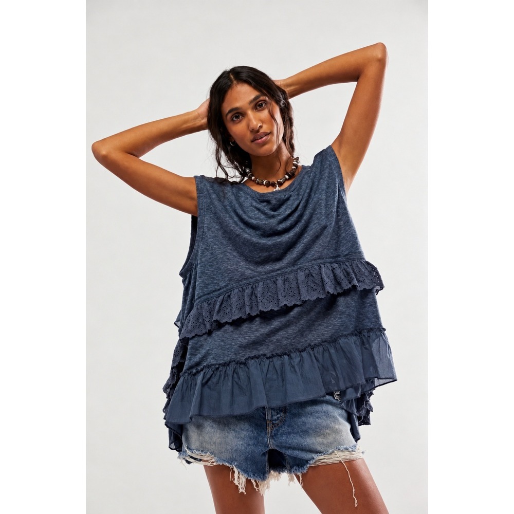 Free People Claire Tee Tunic Top Blue S / M Tiered Ruffle Oversized Eyelet Boho